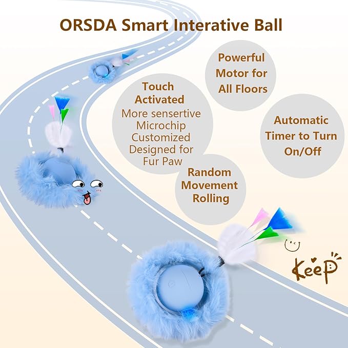 ORSDA Interactive Cat Toys Ball, Automatic Fast Rolling Ball in Pouch, Hide and Seek for Indoor Cats, Motion Chirping Activated Moving Toy, 5 Holes Mat Mouse Catching Game