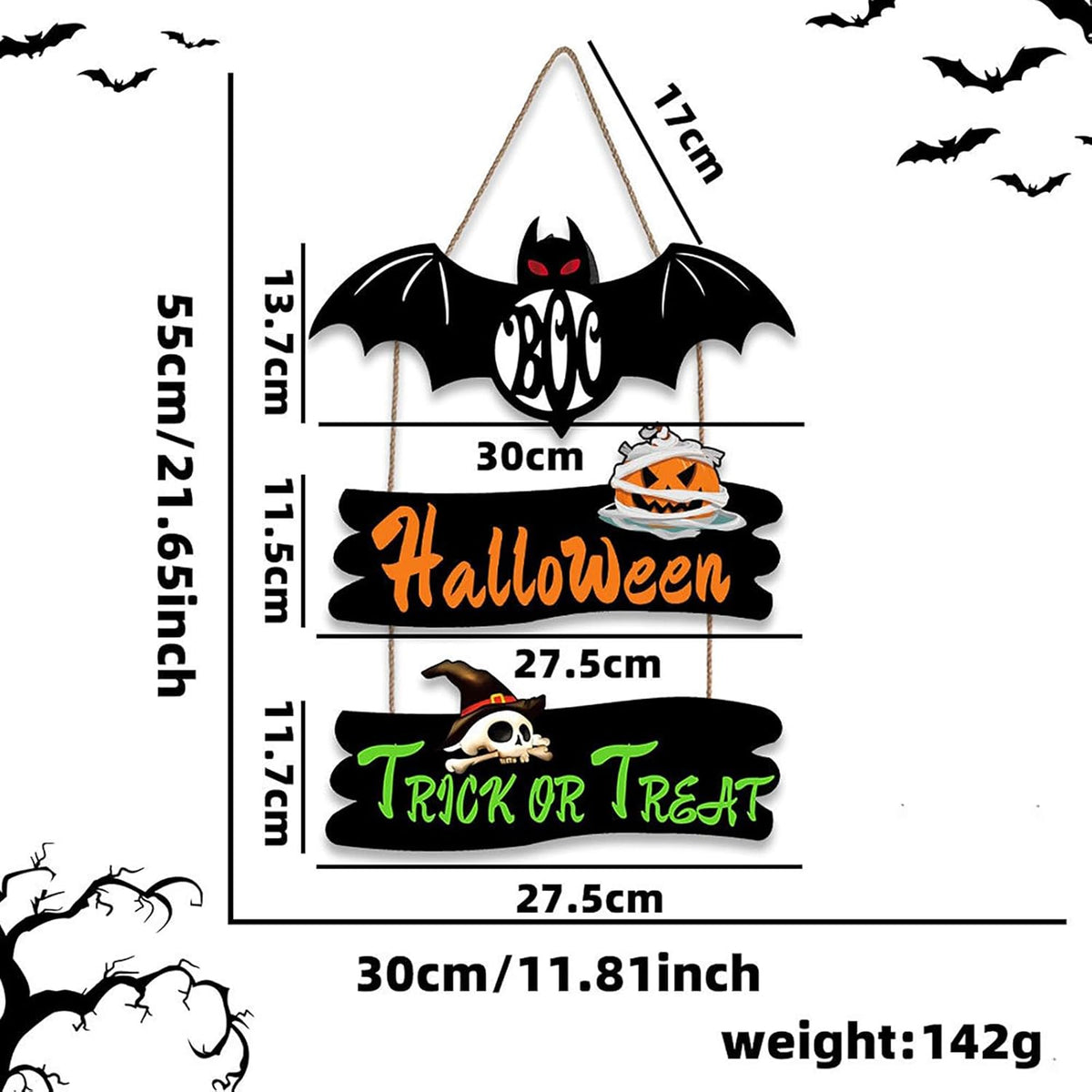 Halloween Door Hanging Sign Decoration 3 Pieces Wooden Plaques Wall Art with Bat Pumpkin Skull Pattern Trick or Treat Wooden Plaques for Yard Front Door Home Outdoor Hanger