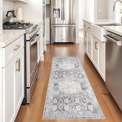 Washable 2x6 Kitchen Runner Rug - Indoor Hallway Rugs with Non Slip Backing Soft Stain Resistant Floor Carpet for Entryway Laundry Vintage Floor Home Decor Mat for Bathroom (2' x 6', Grey)