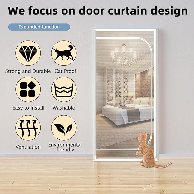 Reinforced Cat Screen Door,Zipper Screen Door Fits Door Opening Size 38''x 82'',Cat Resistant Mesh Screen Door for Keeping Cats in and Out for Living Room,Bedroom,Kitchen.