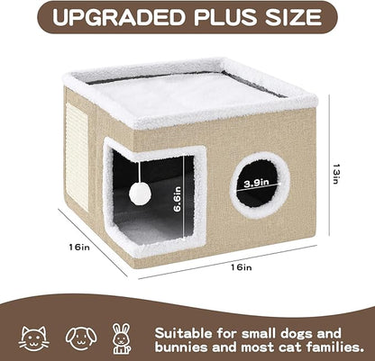 Cat Beds for Indoor Cats Houses, Large Cat Cave with Fluffy Ball and Scratch Pad, Foldable Cat House with Hideaway Tent for Kitten,Grey (SingleAK, Large)