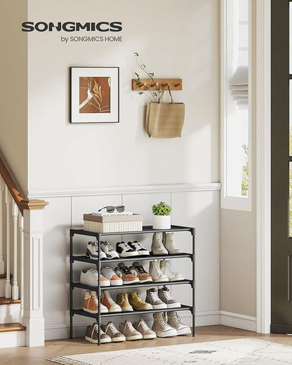 SONGMICS Shoe Rack, 4-Tier Shoe Storage Organizer, Space-Saving, 11.6 x 24.5 x 27.7 Inches, Entryway, Metal Frame, Non-Woven Fabric Shelves, Ink Black ULSH024BH01S