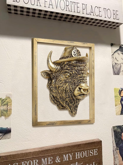 Animal Heads Wall Decor (Includes Metal Frame) Resin Animals Sculptures Head Wall Hanging Decoration Gold vintage Wall Sculpture for Living Room Bedroom Office (American Bison)