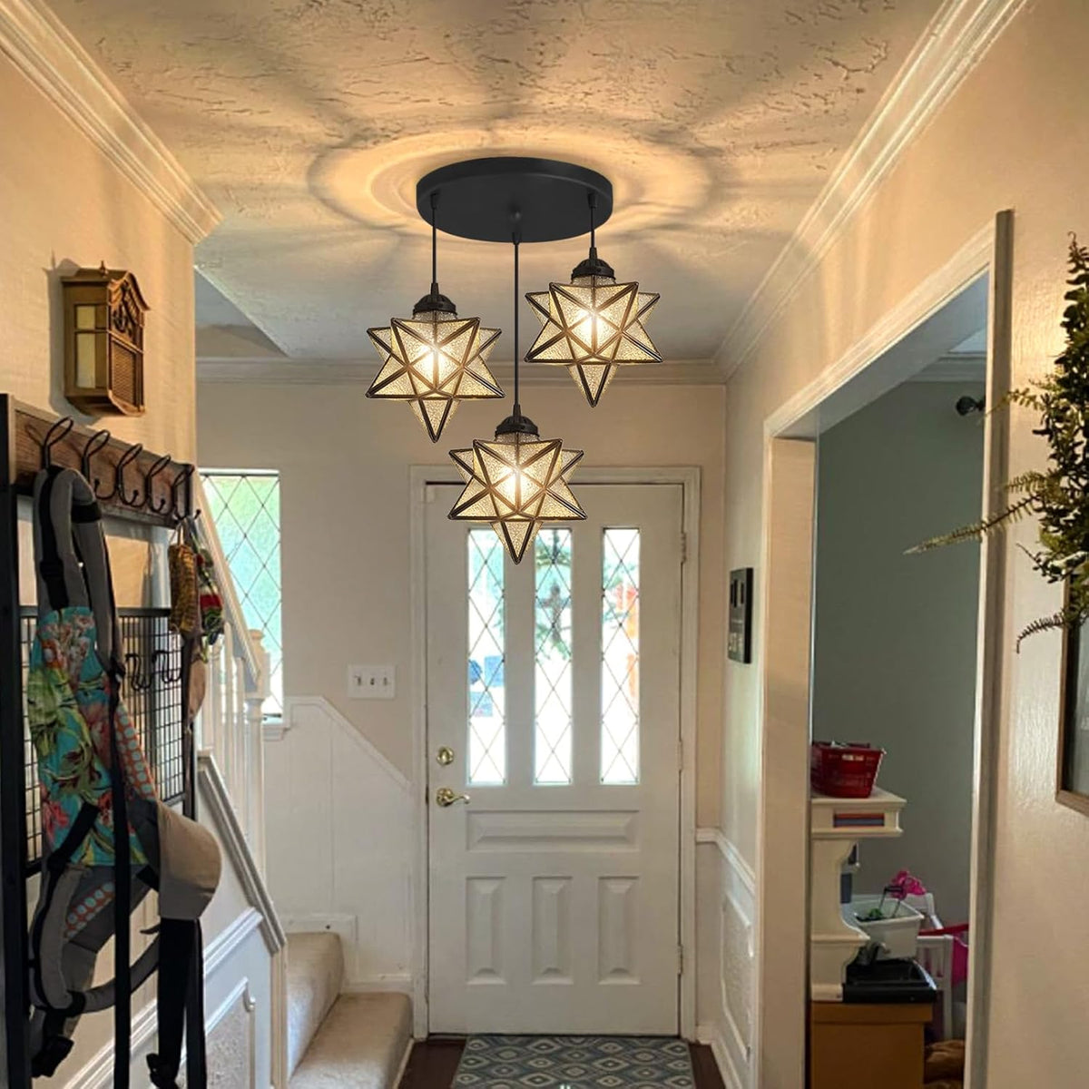 Farmhouse Glam Chandelier with Glass Star Pendants Light Fixture Elegant Ceiling Hanging Lights Included Warm Light Bulbs Black