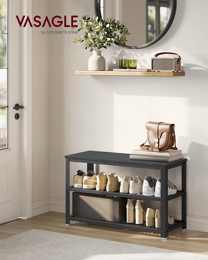 VASAGLE, 3-Tier Shoe Rack, Shelf Storage Bench with Metal Mesh Shelves and Seat, Free Standing Shoe Organizer for Entryway, 11.8 x 28.7 x 17.7 Inches, Ebony Black and Black ULBS073B06