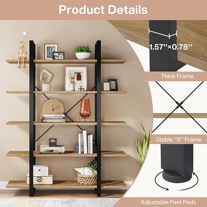Tribesigns 5-Tier Bookshelf, Vintage Industrial Style Bookcase 72 H x 12 W x 47L Inches (Beige)