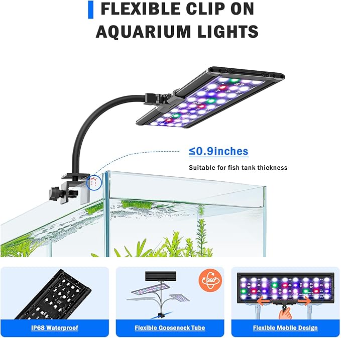 AQQA LED Aquarium Light, 24/7 Mode Clip on Fish Tank Light with Memory Function, DIY Mode Full Spectrum Aquarium Plant Light, Adjustable Timer/Brightness, IP68 Waterproof for 24-32 Inch Fish Tank 26W