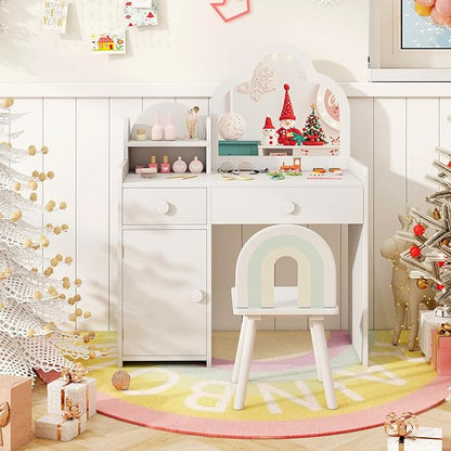 HONEY JOY Kids Vanity, Cloud Shape Wooden Girls Vanity Set with Mirror and Stool, Drawers, Storage Cabinet, Toddler Makeup Desk Dressing Table, Pretend Play Kids Vanity Table and Chair Set (White)