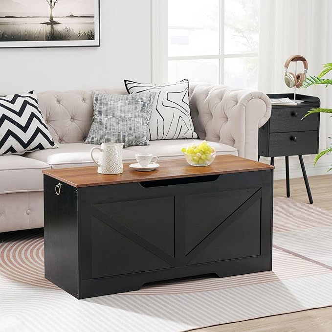 HOOBRO Storage Bench, 39.4" Retro Wooden Storage Chest with U-Shaped Cut-Out Pull, Safety Hinge, Supports 220 lb and Easy Assembly for Toy Box Organizer (Black and Walnut) BH771CW01