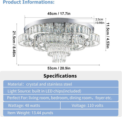 21 Inch Crystal Chandelier LED Flush Mount Ceiling Light Fixtures Luxury Chandeliers for Living Room Bathroom Bedroom Entrance Dining Room(Cool White)