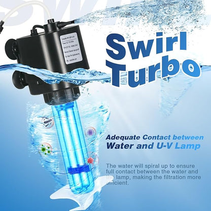 Aquarium U-V Filter for 40-75 Gal, 211 GPH Swirl Turbo Design Submersible Internal Turtle Fish Tank Filter w/Timer, Quiet Power Pump Air Supply Green Clean Machine Saltwater Freshwater Green Killing