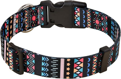 Dog Collar with Bohemia Floral Tribal Geometric Patterns - Soft Ethnic Style Collar Adjustable for Small Medium Large Dogs(Black Bohemia,M)