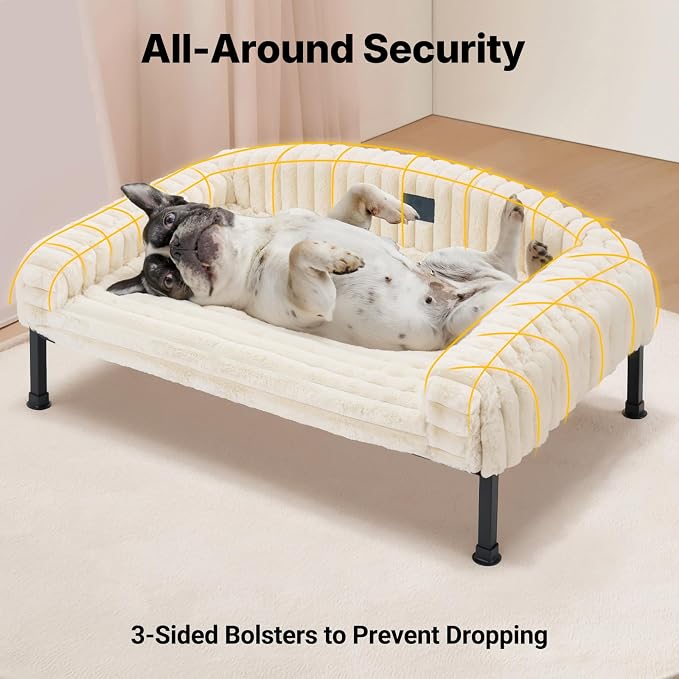 Veehoo Elevated Dog Bed with Bolster Cushion, Fluffy Plush Dog Couch Beds for Small Dogs, Cats, Washable Raised Pet Cot with Non-Slip Feet for Indoor or Patios Use, 36 x 28 Inches, White