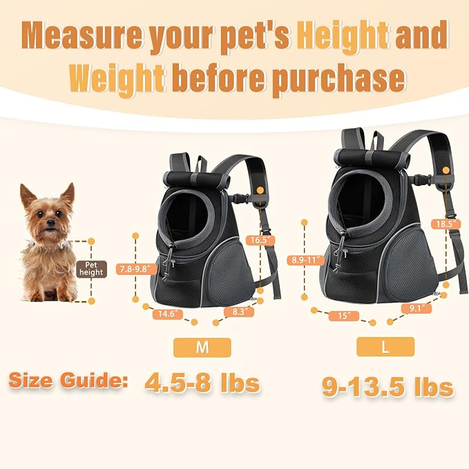YUDODO Dog Front Carrier Backpack, Top & Side Windows Dog Backpack | Sunshade Hood, Ventilated, Safety Belt, Breathable, Lightweight, Reflective Strip, Pocket Storage, Adjustable, Black Pro, M