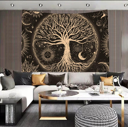 FORATER Tree of Life Tapestry Wall Hanging Sun Moon Stars Tapestries Aesthetic Galaxy Wall Tapestry Nature Home Decoration for Living Room Bedroom(36 x 48 Inch, Black and Gold)