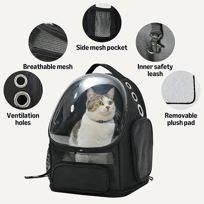Amazon Basics Pet Carrier Backpack for Small Cats & Dogs, Collapsible Travel Carrier with Bubble Window & Breathable Mesh, Foldable for Travel, Black