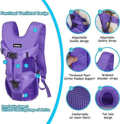 PetBonus Dog Front Carrier Backpacks, Legs Out Easy-fit Puppy Chest Carrier | Hands Free, Adjustable, Safety Strap, Walking Hiking Cycling Motorcycle bag, For Small Medium Dogs (Purple, M)