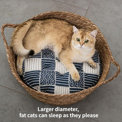 Cat Bed, Straw Woven Cat Baskets Bed, Round Wicker Cat Basket Nest, Non-Slip Cozy Kitten Bed for Cats Small Dog (Only Nest,Large)