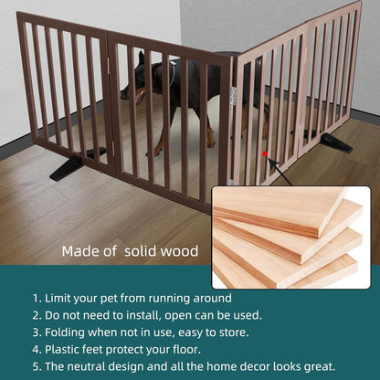 ZJSF Freestanding Indoor Dog Gate for House Foldable Wood Puppy Gate for Doorways Pet Gate for Stairs Extra Wide Pet Fence, Brown, 24" Height 4 Panels