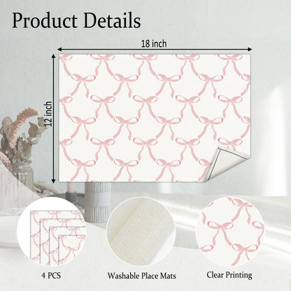 Placemats Set of 4, Pink Bow Table Mat for Home Kitchen, Restaurants, Outdoor Linen Washable Place Mats 12x18 inch Party Event Dining Decoration-06