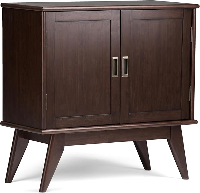 SIMPLIHOME Draper SOLID HARDWOOD 32 Inch Wide Mid Century Modern Low Storage Cabinet in Medium Auburn Brown, For the Living Room, Entryway and Family Room