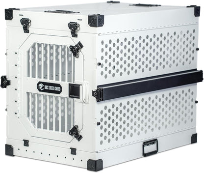 ROCK CREEK CRATES Collapsible Dog Crate: Meticulously Engineered, Durable Aluminum Construction, Non Slip Feet | 10 Year Warranty | Ideal for Indoor & Vehicle Use (White Snowfall, 30 Inch)