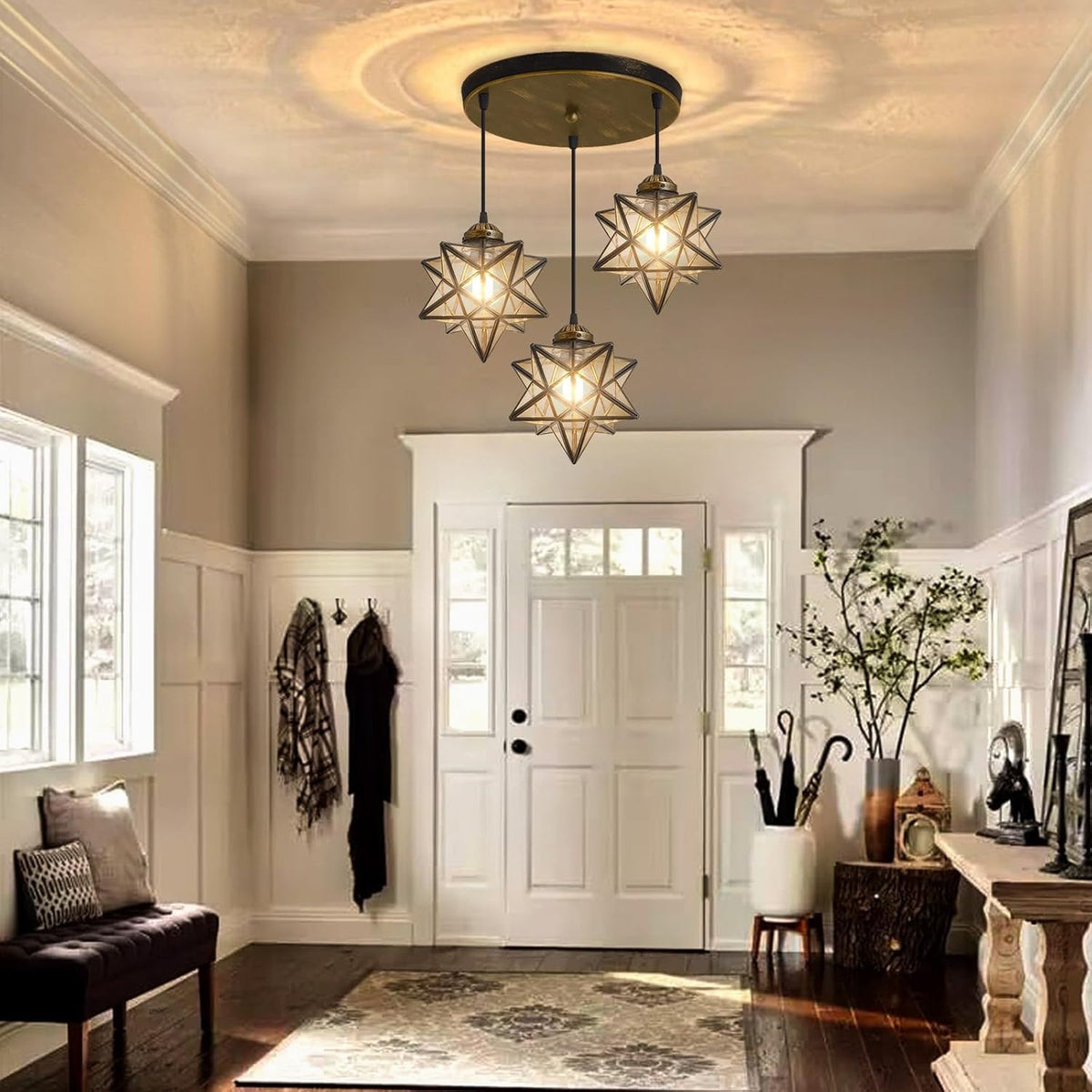 Glass Glam Chandelier Star Pendants Light Fixture Modern Elegant Ceiling Hanging Lights Included LED Warm Light Bulbs Oiled Bronze