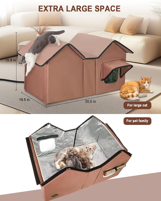 Extra Large Heated Cat House for Outside in Winter, Elevated Heated Outdoor Cat House Weatherproof with Heating pad, Insulated Outdoor Cat Shelter for Multiple Cats Small Dogs (Brown)