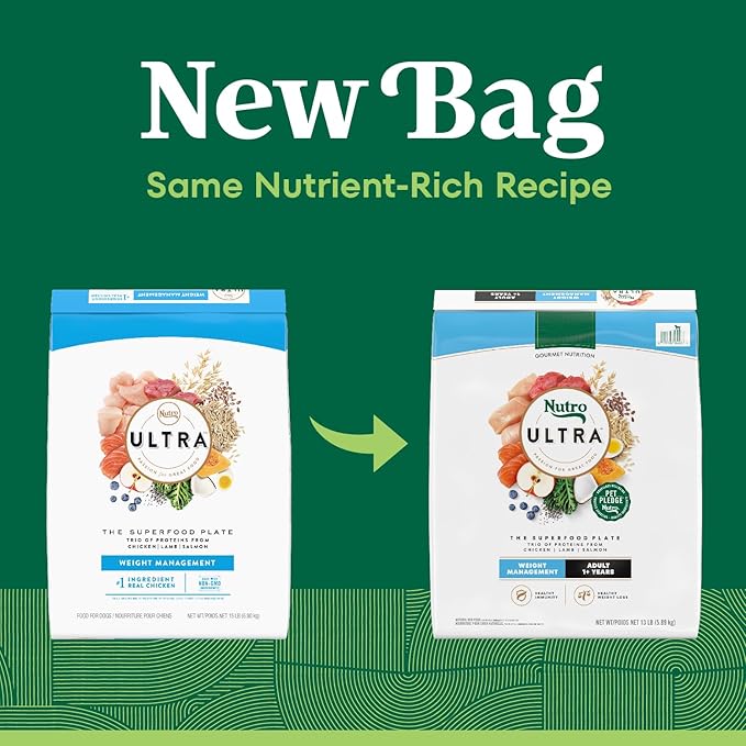Nutro Ultra Adult Weight Management Dry Dog Food, Chicken, Lamb and Salmon Protein Trio, 13 lb Bag