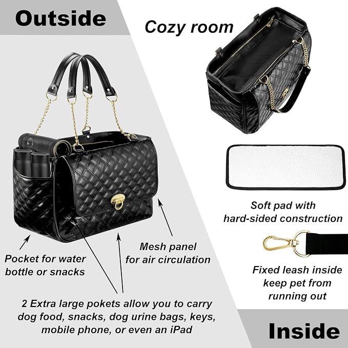 Fashion Dog Purse for Small Dogs with 2 Super-Large Pockets, Holds Up to 10lbs PU Leather Pet Carrier, Cat Carrier, Airline Approved Puppy Purse for Travel (Black, Small Size)