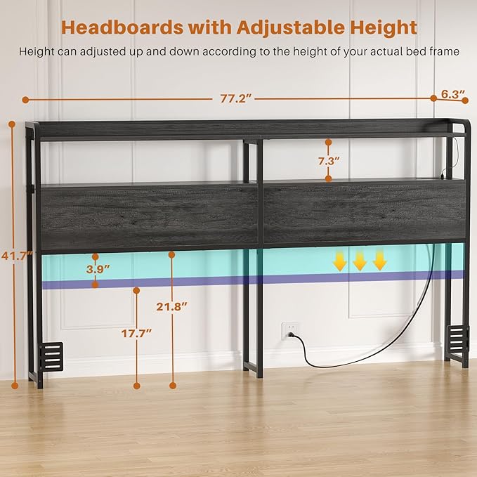 Aheaplus Headboard for King Size Bed Frame, Headboards with Outlets, USB Ports and LED Light, Head Board with Storage, Height Adjustable, Sturdy and Stable Headboard, King Size, Black Oak