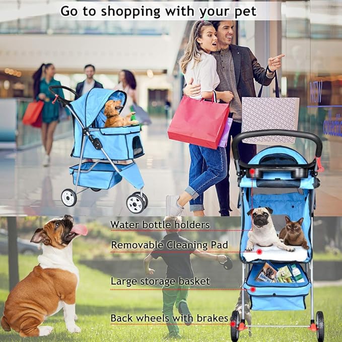 Dkeli 3-Wheel Pet Stroller, Lightweight Foldable Dog Stroller for Small Medium Dogs & Cats, Breathable Mesh & Weather Cover with Storage Basket, for Daily Walk Outdoor Travel (Blue)