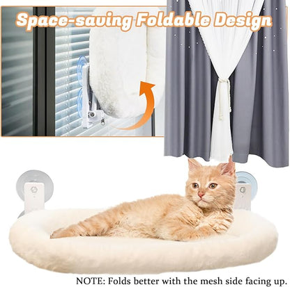 Extra Large Cat Window Perch (23.8×11.8in) - Washable 2-Season Fabric Cover, 4 Strong Suction Cups, Solid Metal Frame - Foldable Cat Hammock for Large Cats/2 Cats, Cordless Design (White)