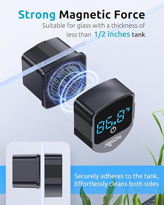 SEAOURA 2-in-1 Aquarium Magnetic Cleaner with Digital Aquariums Thermometer, Fish Mini Magnets Brush only for Glass Tank,Tiny Magnet Floating Cleaning Tool for 1-30 Gallons