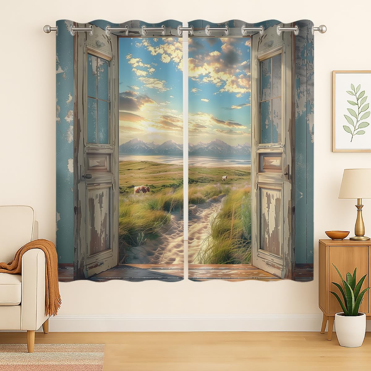 Landscape Blackout Curtains for Girls Boys Home Decor, Cow Sunset Grassland Mountain Natural Scenery Grommet Thermal Insulated Drapes Darkening Window Curtain for Bedroom Living Room, 42 x 45 Inch