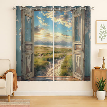 Landscape Blackout Curtains for Girls Boys Home Decor, Cow Sunset Grassland Mountain Natural Scenery Grommet Thermal Insulated Drapes Darkening Window Curtain for Bedroom Living Room, 42 x 45 Inch