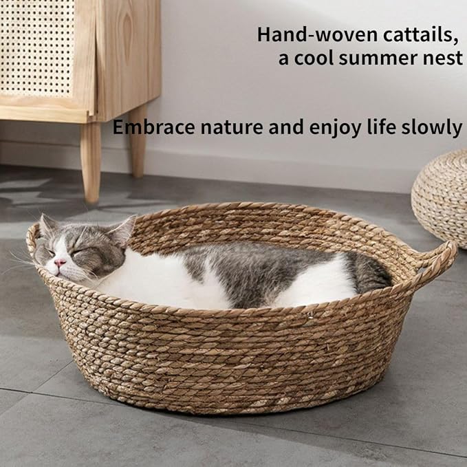 Cat Bed, Straw Woven Cat Baskets Bed, Round Wicker Cat Basket Nest, Non-Slip Cozy Kitten Bed for Cats Small Dog (Only Nest,Small)