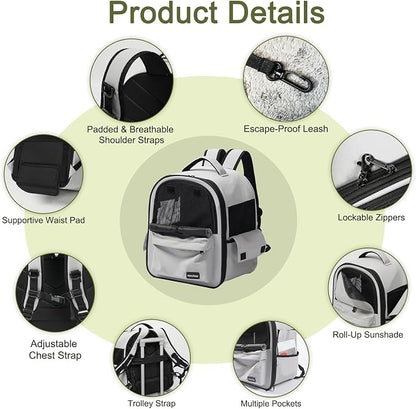 Cat Carrier Dog Backpack Carrier with Anti-Collapse Bottom (Light Gray) | Dog Carrier Mesh Backpack Breathable Pet Travel Bag with Sun Shade, Locking Zippers, Ergonomic Support for Hiking, Vet, Car
