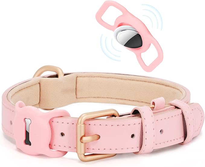 WHIPPY Airtag Leather Dog Collar GPS Tracker Air Tag Puppy Collar Adjustable Soft Leather Padded Dog Collar with Airtag Holder Case for Small Medium Large Dog Pet Backpack,Pink,S