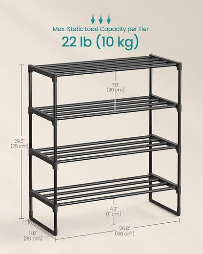 SONGMICS Shoe Rack, 4-Tier Shoe Organizer, Metal Storage Shelf, Upright or Upside Down, for 10-15 Pairs, Stackable, for Entryway, 11.8 x 26.8 x 29.5 Inches, Black ULSA204B01