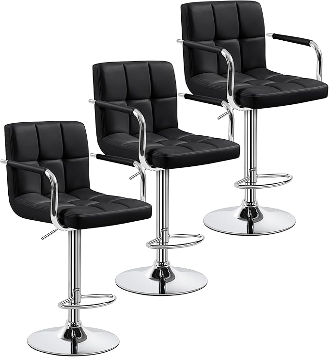 Yaheetech Bar Stools Set of 3, PU Leather Adjustable Barstools with Armrest, Counter Height Stool Chairs with Thickened Seat Cushion for Kitchen Island, Black
