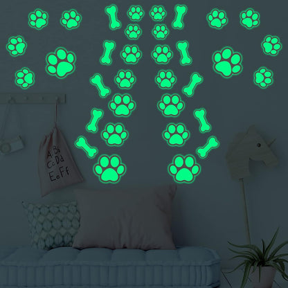 127 Glow in The Dark Dog Paw Stickers Luminous Removable Vinyl Wall Decals for Kids Nursery Bedroom(Green Light)