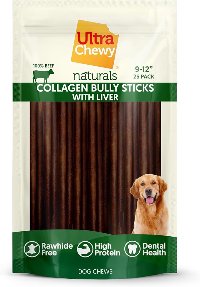 Ultra Chewy Collagen Sticks 9-12 inches (25 Pack) – Long Lasting Odor-Free, All-Natural Dog Chews – Rawhide & Bully Stick Alternative