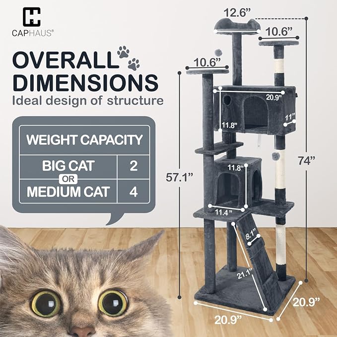 CAPHAUS Cat Tower for Indoor w/Cat Wand Toy, Modern Cute 74-Inch Cat Tree w/Widened Perch for Large Cats Kittens, Multi-Level Cat Activity Tree w/Scratching Posts, Tunnel, Basket, Cat Cave Condo
