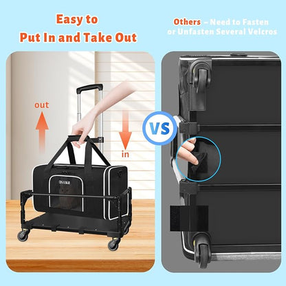 Small Pet Carrier 18"x11"x11" with Wheels Airline Approved, Black | for Delta/American/United Airlines, Lockable Safety Zippers and Anti-Scratch Mesh, Pets Under 10 lbs