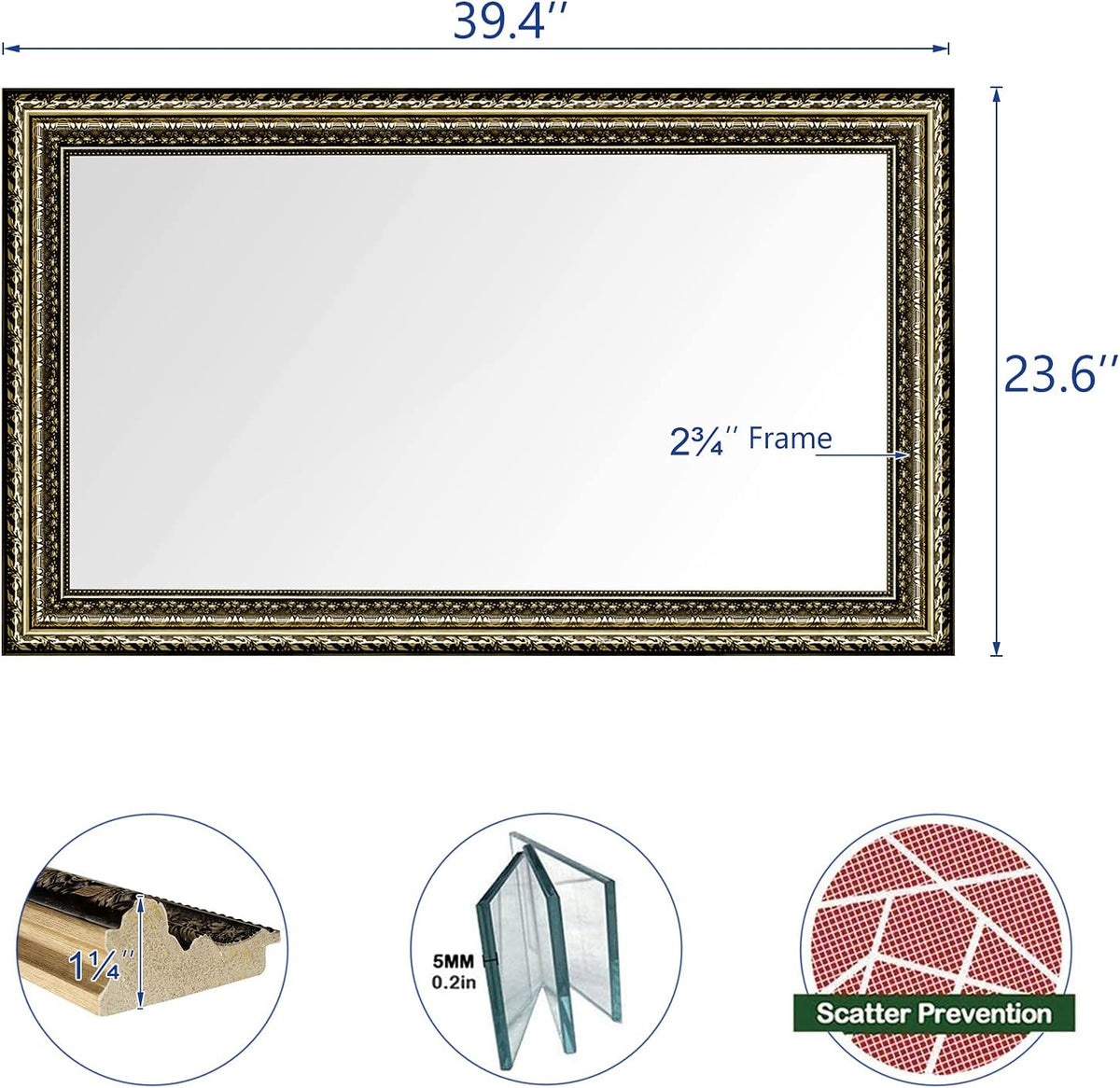 Bathroom Wall Mirror, Decorate Bathroom Mirrors for Wall, Rectangle Modern Bathroom Wall Mounted Mirror Vertical or Horizontal Hanging for Living Room (Gold Framed 40" x24'')