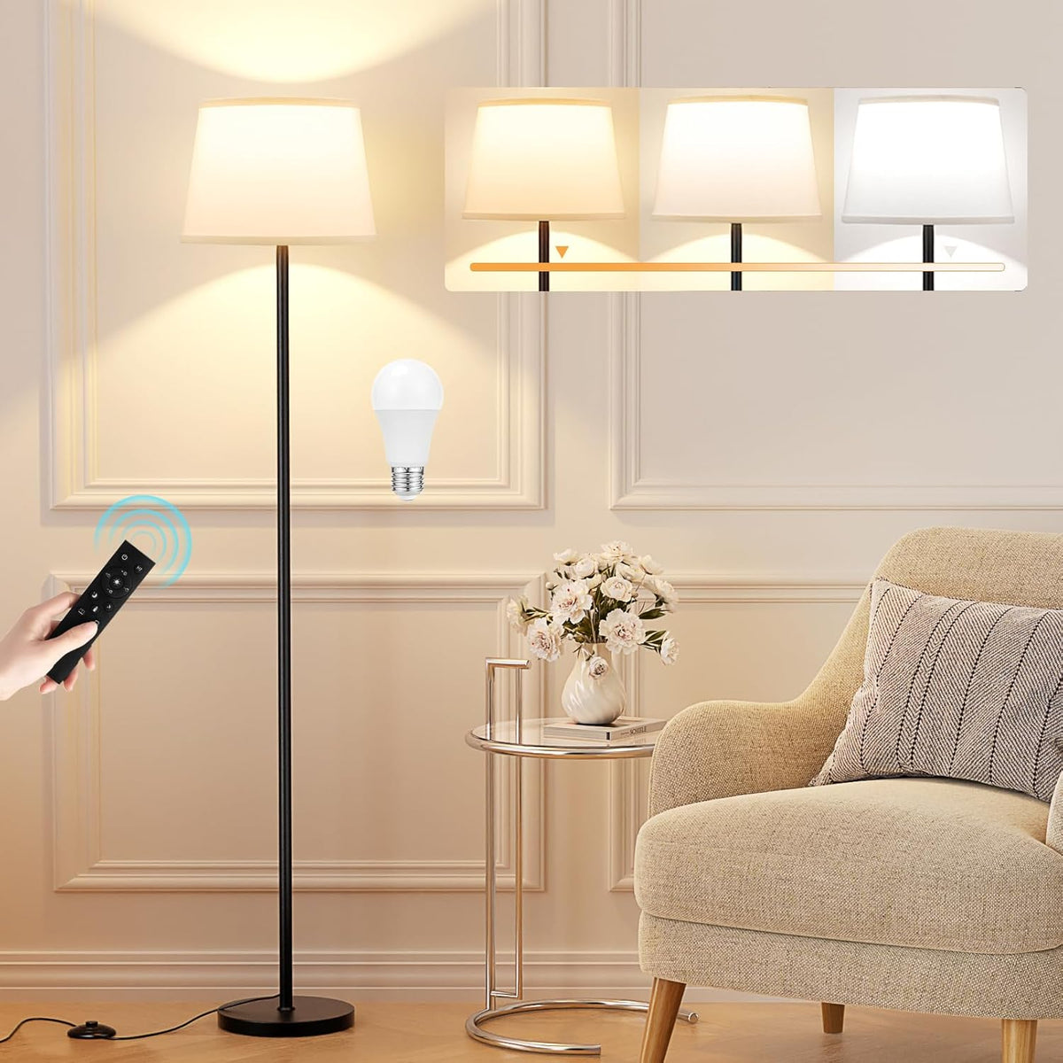 Modern Floor Lamp with Adjustable Brightness, Remote Control, Black, LED Bulbs, White Shade, Foot Switch, Easy Assembly
