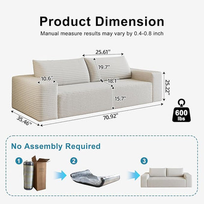 Saiveina 71" Corduroy Loveseat Sofa, Deep Seat Comfy Couch with Backrest and Armrests, No Assembly Required Sofa Couch for Living Room Bedroom Apartment, White
