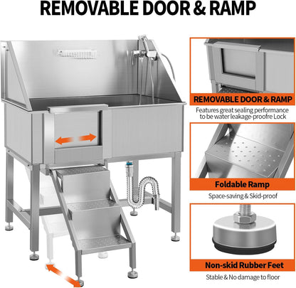 38 Inch Dog Bathing Station for Large Dogs, Stainless Steel Dog Pet Washing Station, Professional Dog Grooming Tub, Pet Wash Bath Station,Left Door