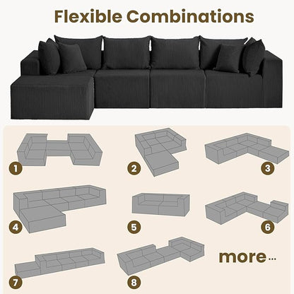 Oversize 131” Boneless Couch for Living Room, Comfort L Shaped Cloud Couch Sectional, Extra Deep Seats Corduroy Modular Sectional Sofa No Assembly,Black
